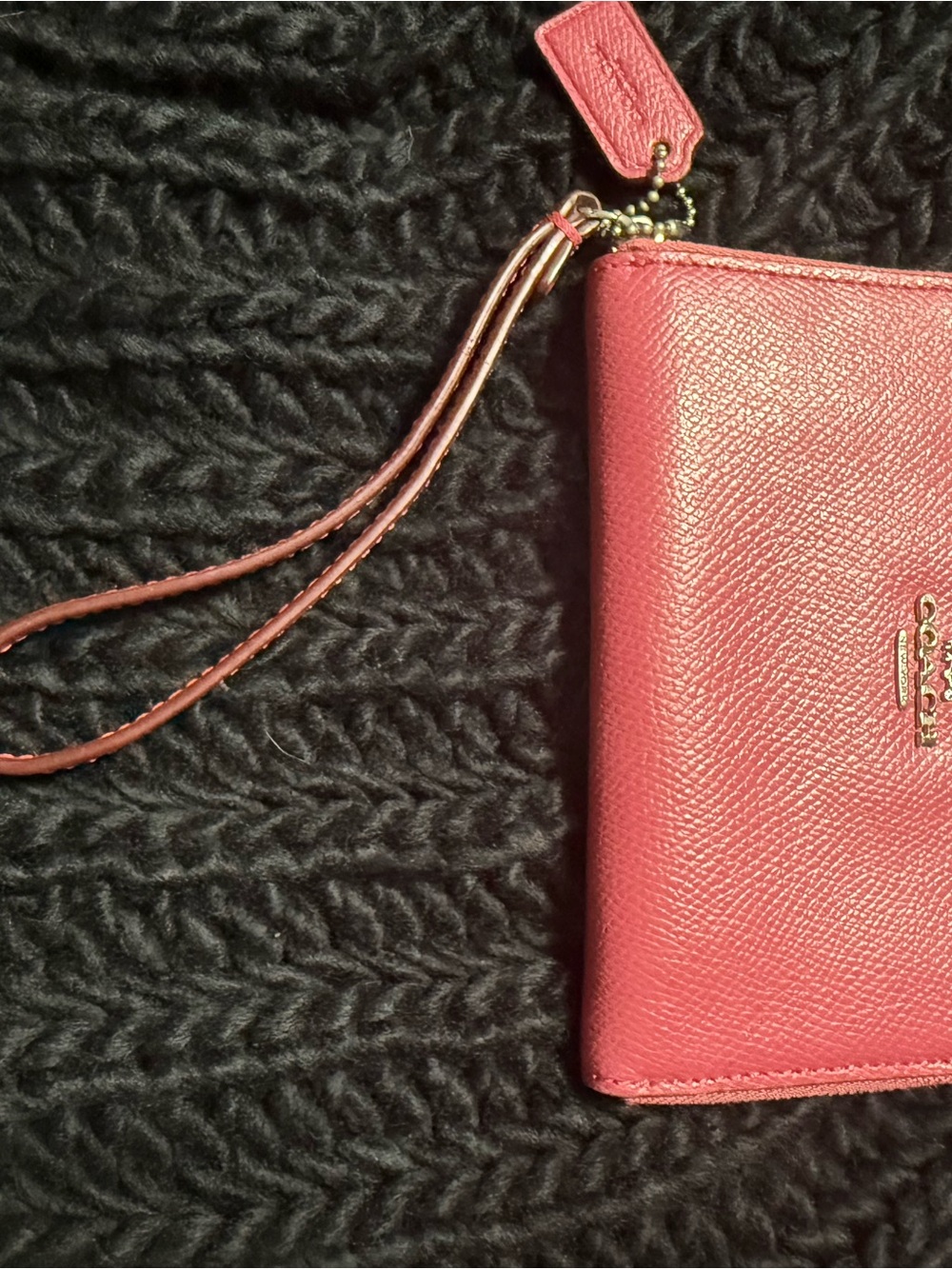 Coach Coral Pink Pebbled Leather Wristlet with Gold Logo